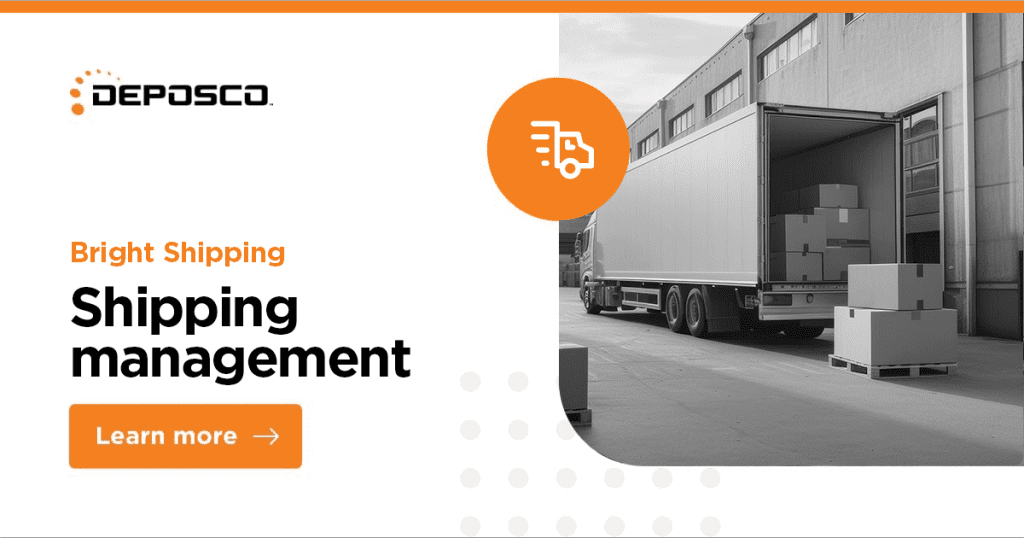 A truck being loaded with boxes outside a warehouse, accompanied by text promoting "Bright Shipping" by Deposco, a leading shipping management solution. Click the "Learn more" button to find out how we can help with shipping cost optimization.